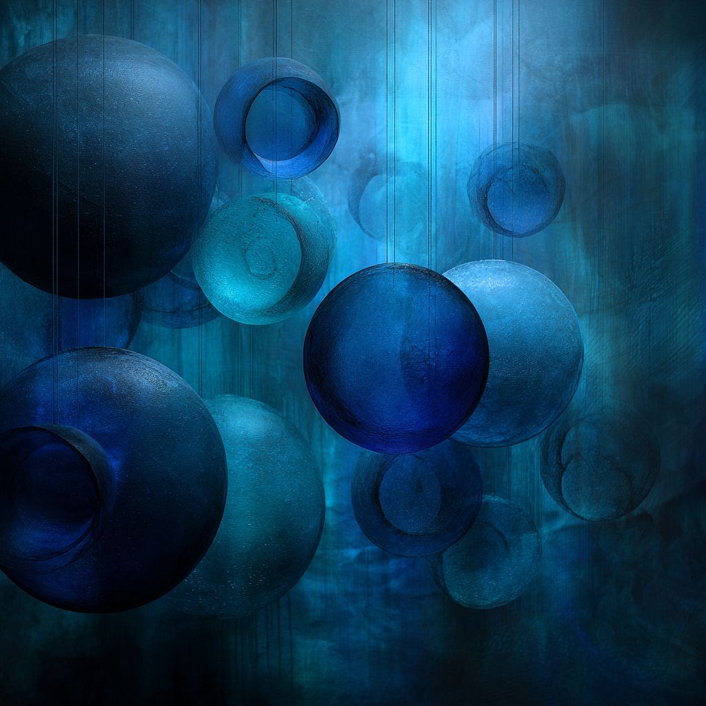 Blue Echoes — generative artwork of translucent blue and teal spheres suspended on fine threads against a deep blue field.
