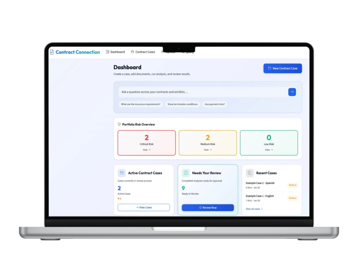 Contract Connection dashboard showing contract review workflows and analysis screens