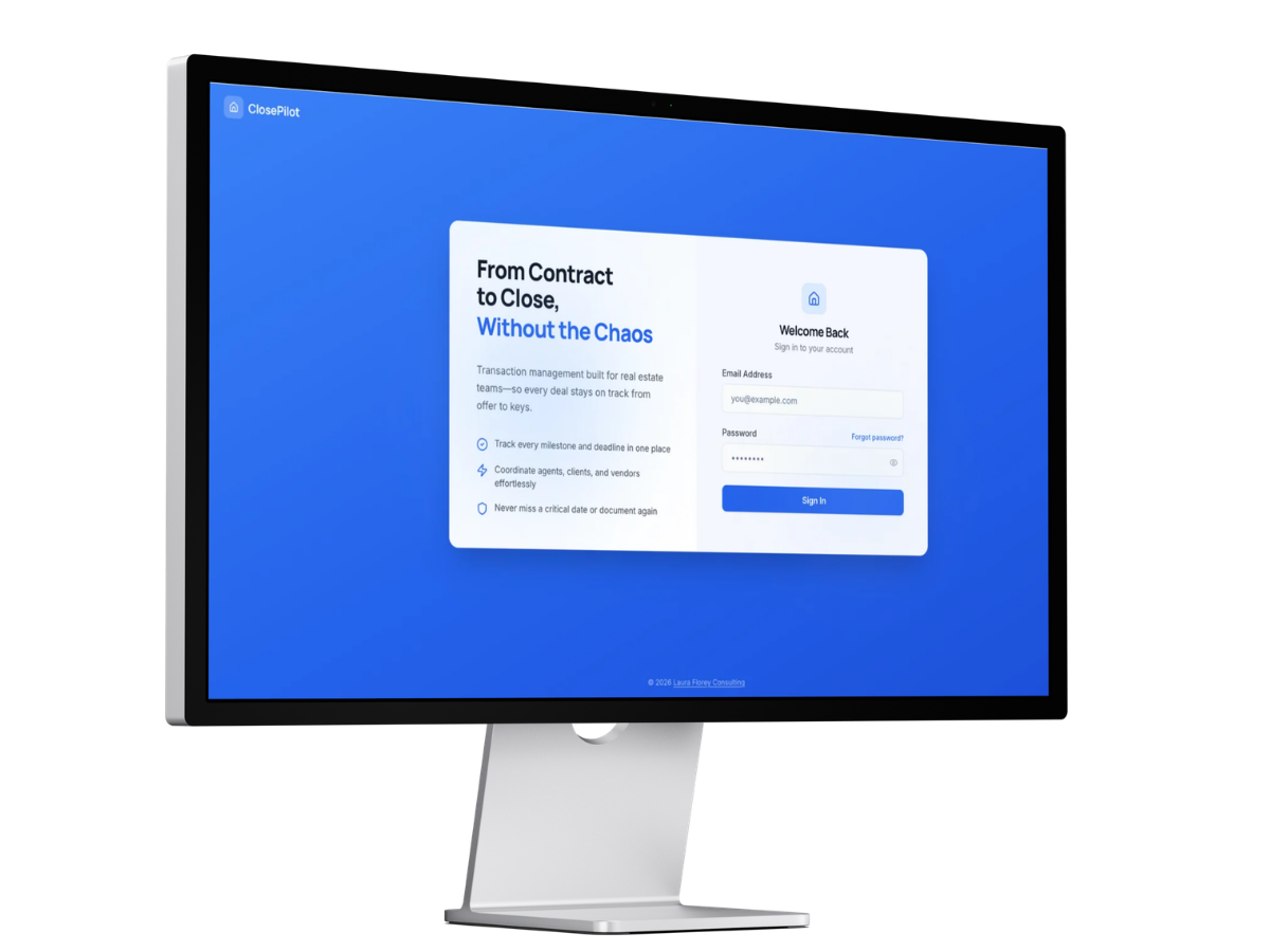 ClosePilot sign-in screen and dashboard showing contract-to-close workflow, active transactions, priority tasks, and recent activity