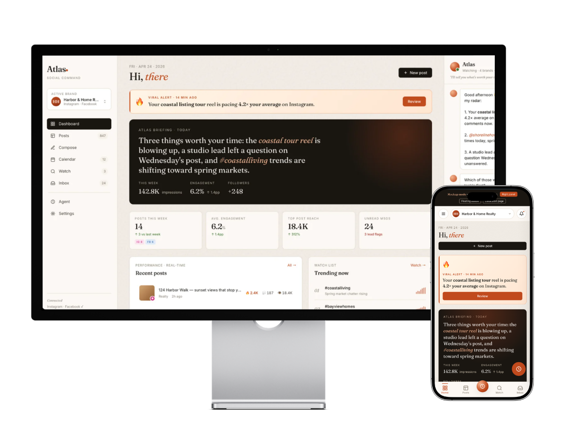 Florey Social and Atlas dashboard showing social media briefing, post performance, and assistant interface