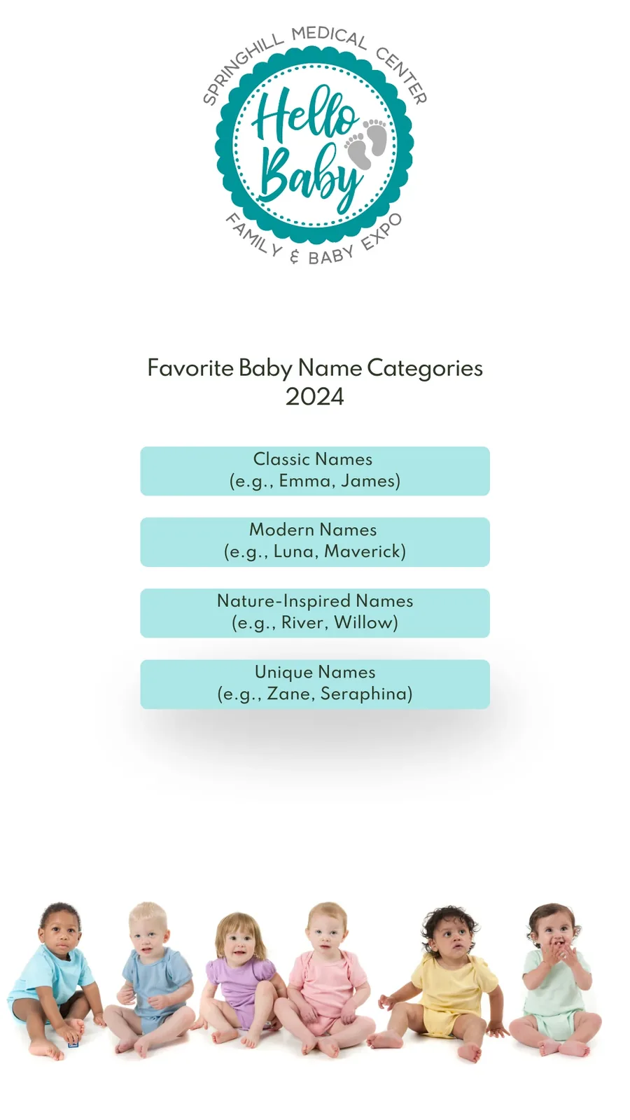 Hello Baby Expo story poll listing favorite baby name categories for 2024 — classic, modern, nature-inspired, and unique — with the Hello Baby seal and five babies seated in a row.