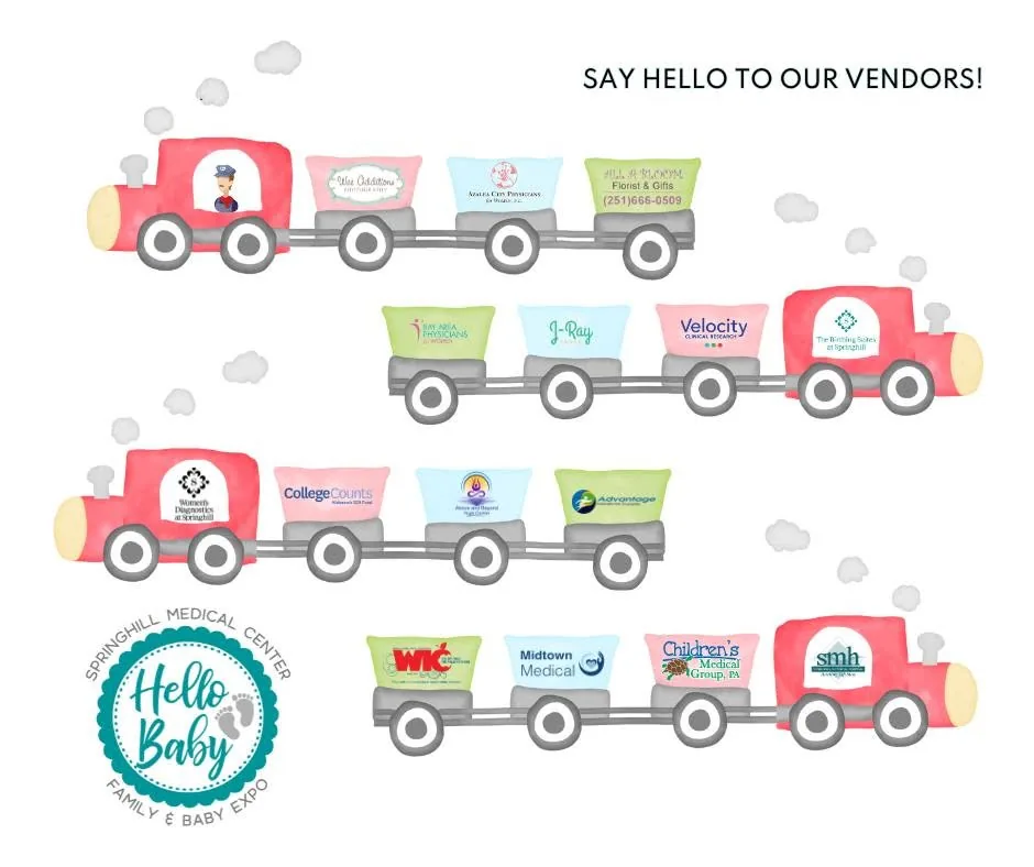 Illustrated toy trains carrying vendor logos under the line Say Hello to Our Vendors, with the Hello Baby Family & Baby Expo seal.