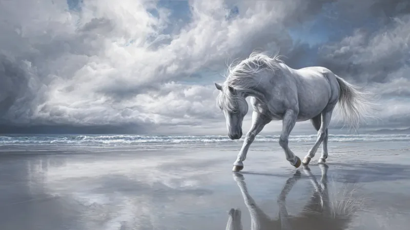 Painting by Laura Florey: a white horse walking through shallow water on a beach under stormy clouds
