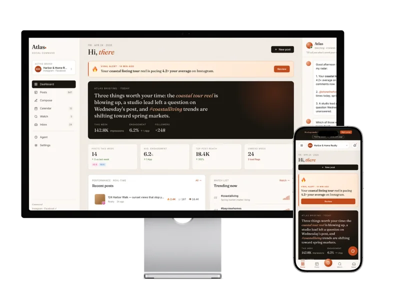Florey Social and Atlas dashboard showing social media briefing, post performance, and assistant interface
