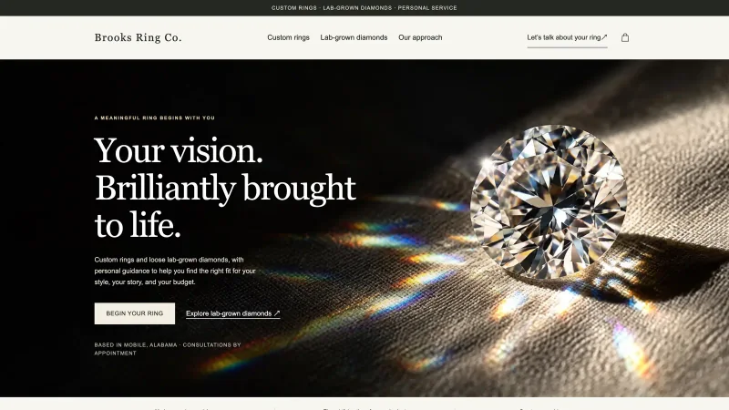Desktop homepage of Brooks Ring Co., with a horizontal nav, diamond hero, and the line Your vision. Brilliantly brought to life.