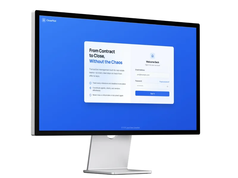ClosePilot sign-in screen displayed on a desktop monitor