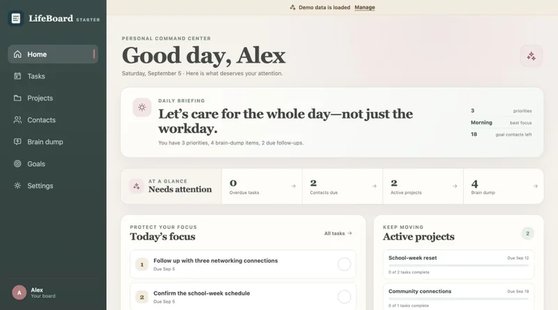 LifeBoard Starter dashboard using fictional demonstration data